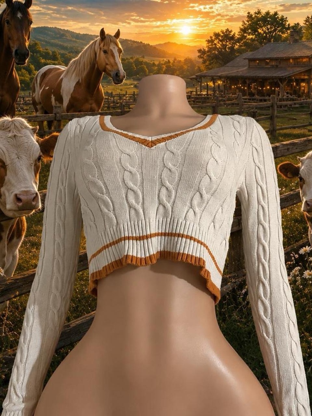 Women's Cream Cable Knit Cropped Sweater with Tan Trim